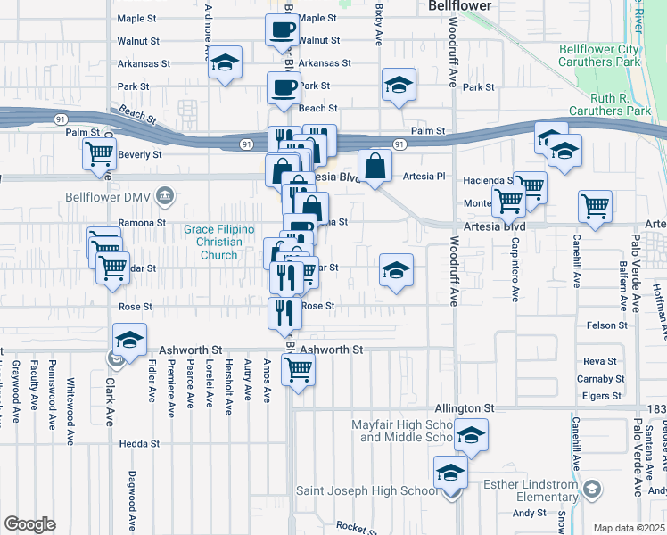 map of restaurants, bars, coffee shops, grocery stores, and more near 9847 Cedar Street in Bellflower