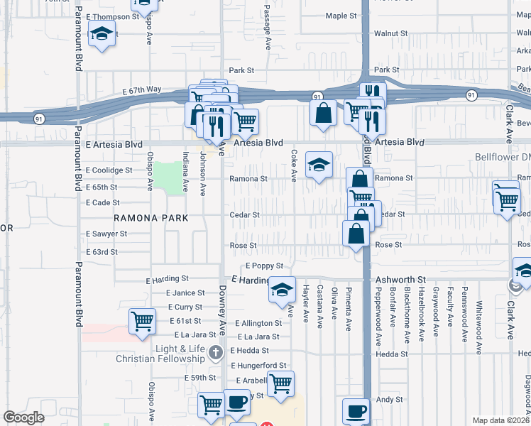 map of restaurants, bars, coffee shops, grocery stores, and more near 8603 Cedar Street in Bellflower
