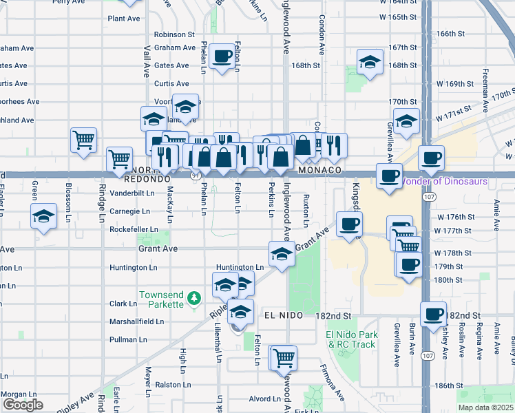 map of restaurants, bars, coffee shops, grocery stores, and more near 2608 Vanderbilt Lane in Redondo Beach