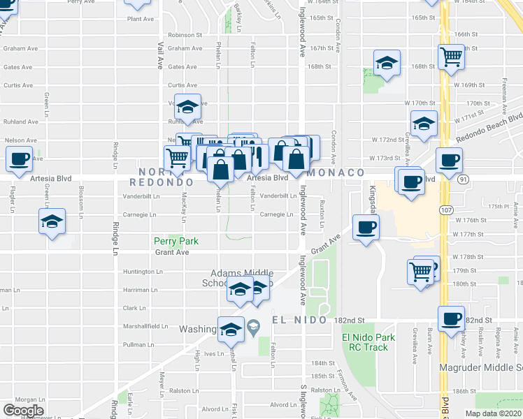 map of restaurants, bars, coffee shops, grocery stores, and more near 2608 Vanderbilt Lane in Redondo Beach