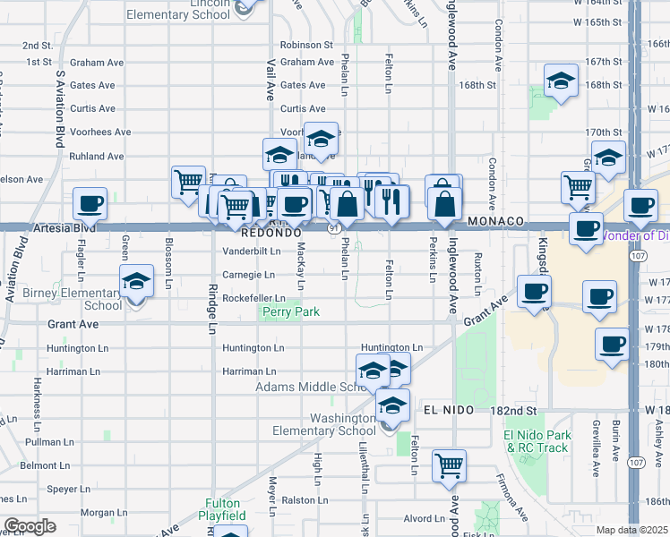 map of restaurants, bars, coffee shops, grocery stores, and more near 1809 Phelan Lane in Redondo Beach