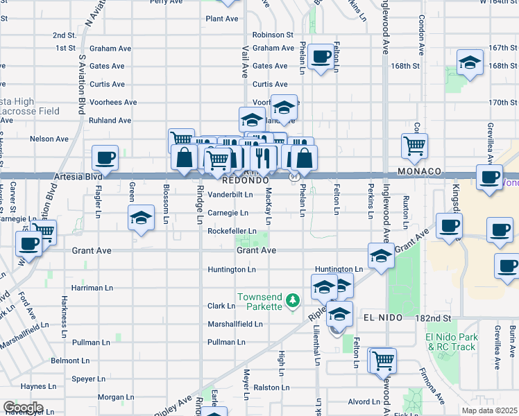 map of restaurants, bars, coffee shops, grocery stores, and more near 2312 Vanderbilt Lane in Redondo Beach
