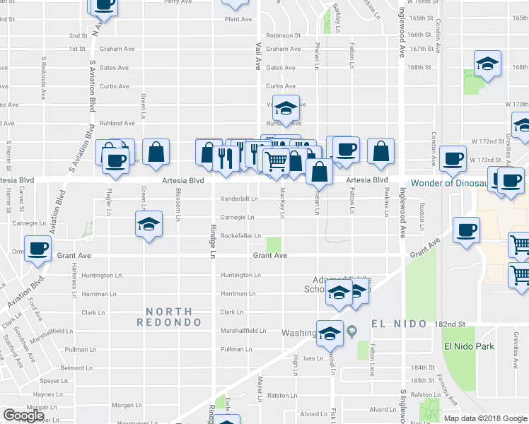 map of restaurants, bars, coffee shops, grocery stores, and more near 2312 Vanderbilt Lane in Redondo Beach