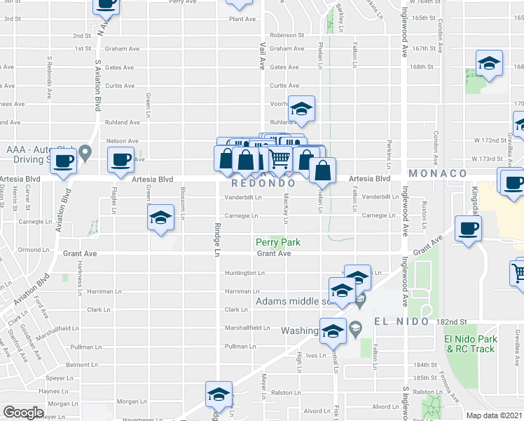 map of restaurants, bars, coffee shops, grocery stores, and more near 2312 Vanderbilt Lane in Redondo Beach
