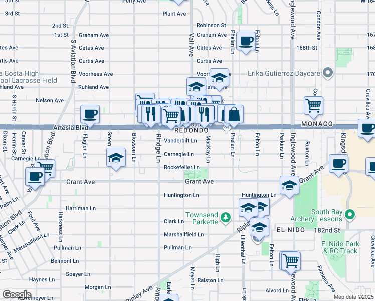 map of restaurants, bars, coffee shops, grocery stores, and more near 2213 Carnegie Lane in Redondo Beach