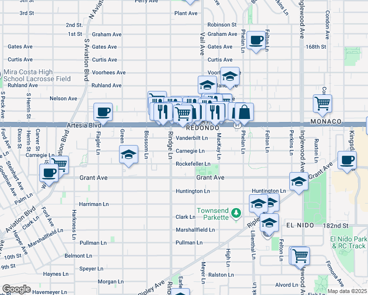 map of restaurants, bars, coffee shops, grocery stores, and more near 2213 Carnegie Lane in Redondo Beach