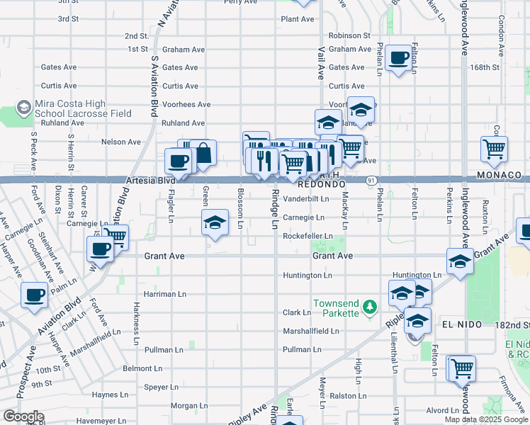 map of restaurants, bars, coffee shops, grocery stores, and more near 2109 Carnegie Lane in Redondo Beach
