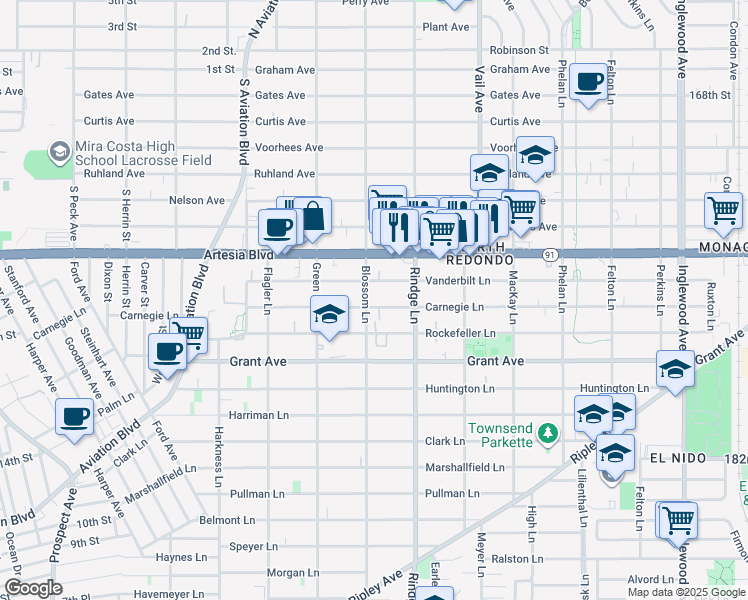 map of restaurants, bars, coffee shops, grocery stores, and more near 2109 Carnegie Lane in Redondo Beach