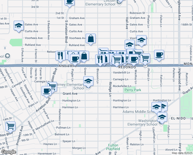 map of restaurants, bars, coffee shops, grocery stores, and more near 2021 Carnegie Lane in Redondo Beach