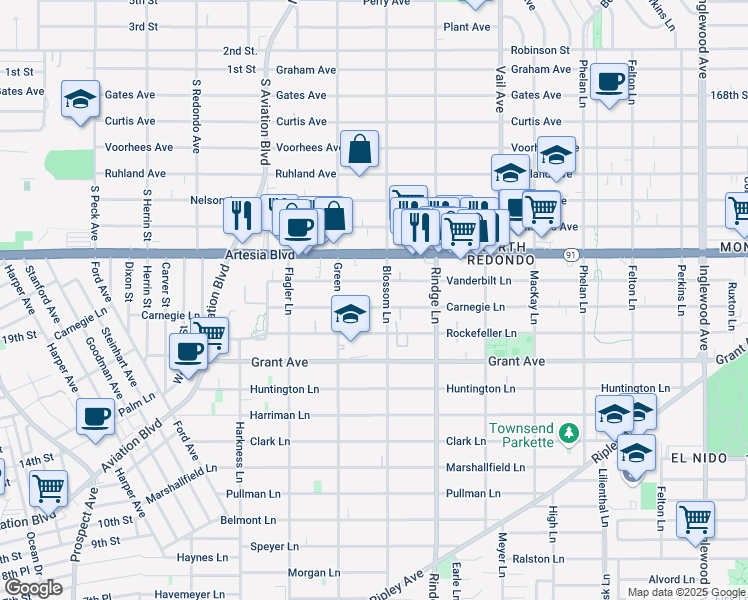 map of restaurants, bars, coffee shops, grocery stores, and more near 2016 Vanderbilt Lane in Redondo Beach