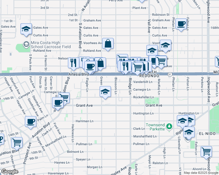 map of restaurants, bars, coffee shops, grocery stores, and more near 2016 Vanderbilt Lane in Redondo Beach