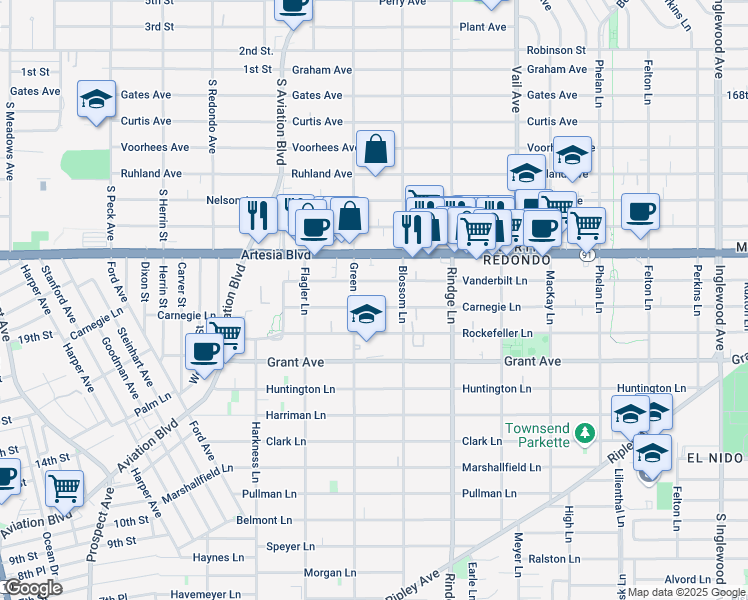 map of restaurants, bars, coffee shops, grocery stores, and more near 2016 Vanderbilt Lane in Redondo Beach
