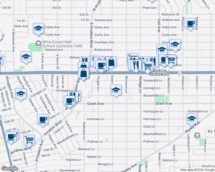 map of restaurants, bars, coffee shops, grocery stores, and more near 1807 Green Lane in Redondo Beach