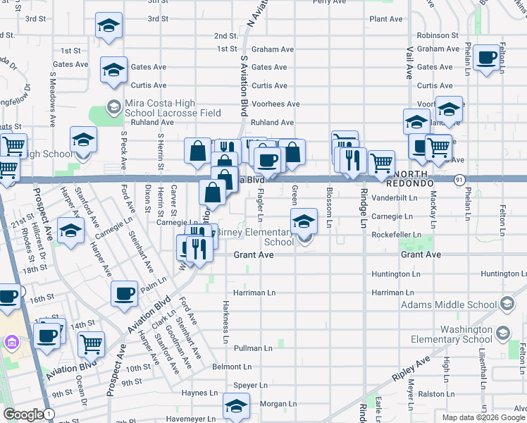 map of restaurants, bars, coffee shops, grocery stores, and more near 1901 Carnegie Lane in Redondo Beach