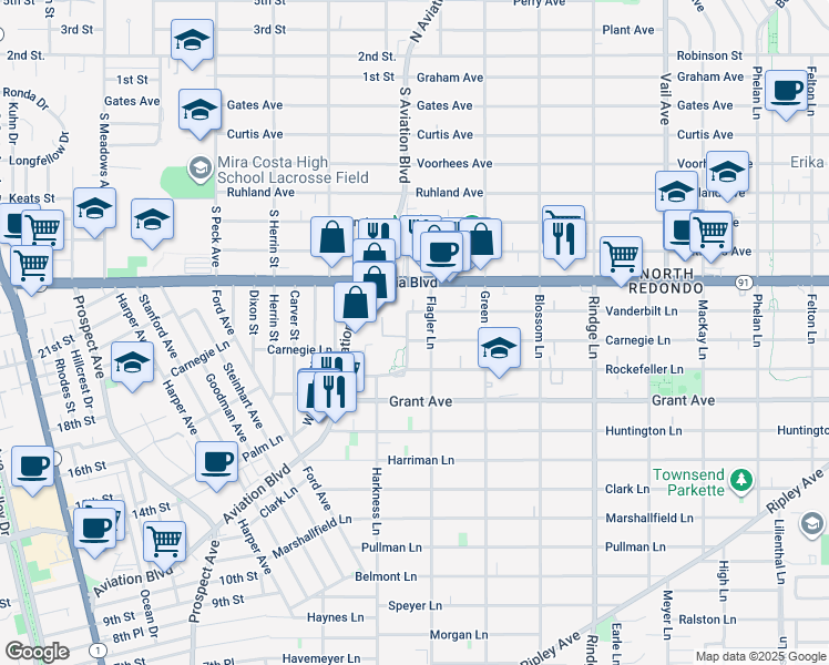 map of restaurants, bars, coffee shops, grocery stores, and more near 1801 Aviation Way in Redondo Beach