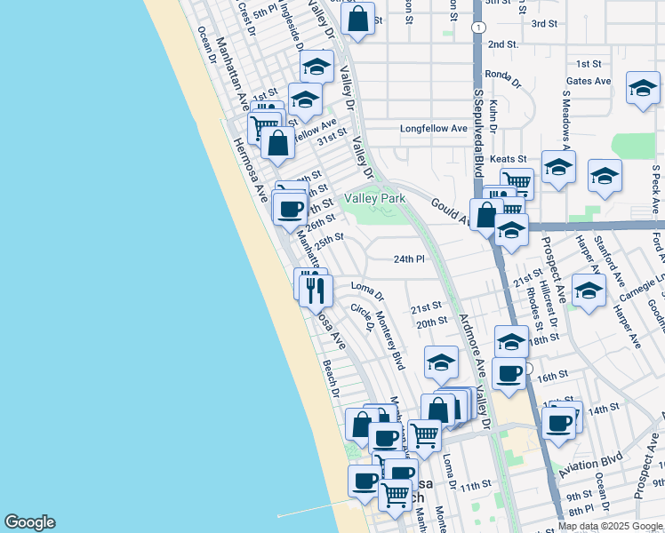 map of restaurants, bars, coffee shops, grocery stores, and more near 2438 Myrtle Avenue in Hermosa Beach