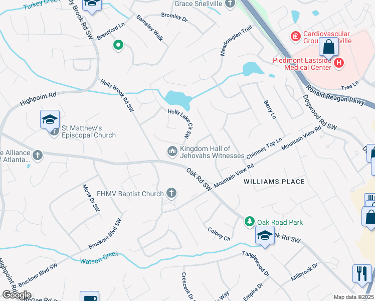 map of restaurants, bars, coffee shops, grocery stores, and more near 1653 Stonegate Way Southwest in Snellville