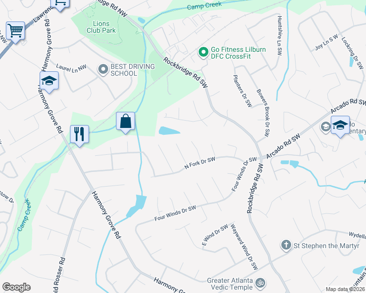 map of restaurants, bars, coffee shops, grocery stores, and more near 164 Concorde Way Southwest in Lilburn
