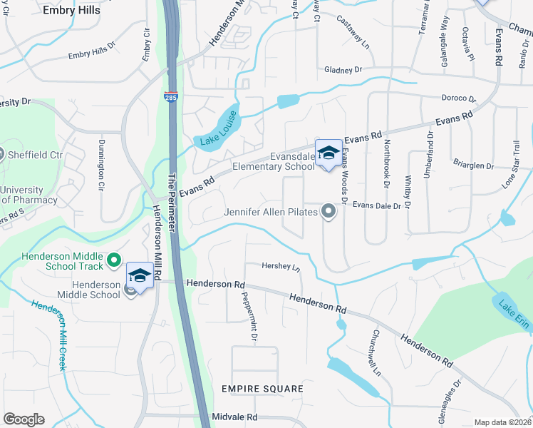 map of restaurants, bars, coffee shops, grocery stores, and more near 3519 Evans Ridge Trail in Atlanta