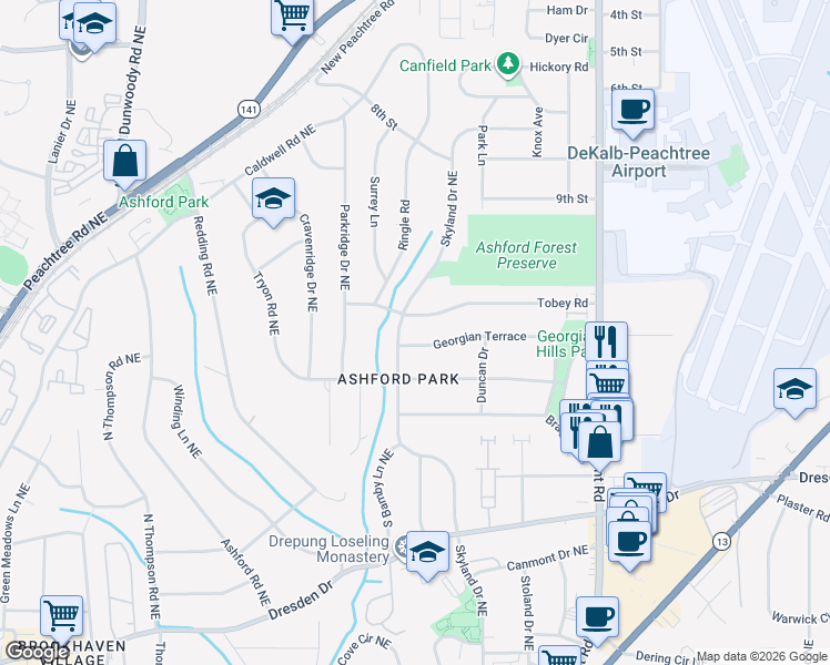 map of restaurants, bars, coffee shops, grocery stores, and more near 1766 Georgian Terrace in Chamblee