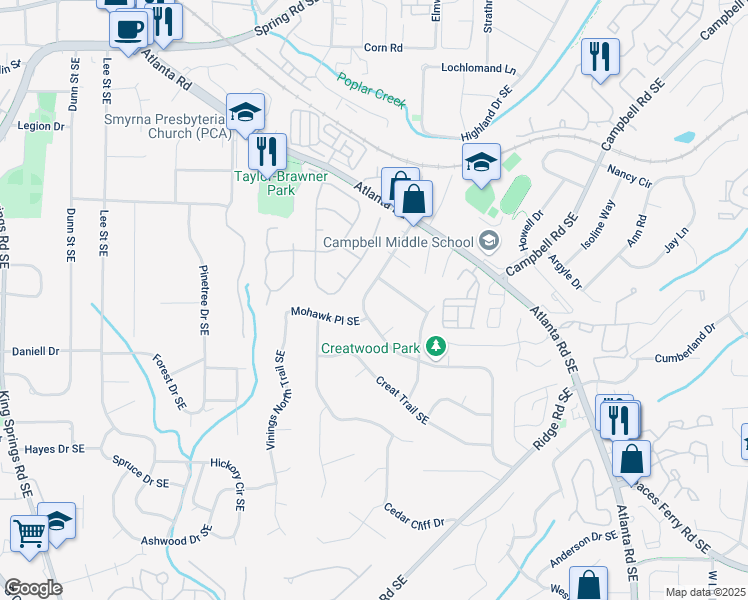 map of restaurants, bars, coffee shops, grocery stores, and more near 1760 Mackinaw Place Southeast in Smyrna