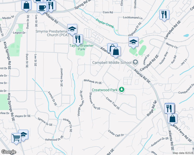 map of restaurants, bars, coffee shops, grocery stores, and more near 3258 Millwood Trail Southeast in Smyrna