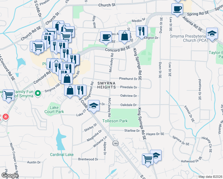 map of restaurants, bars, coffee shops, grocery stores, and more near in Smyrna