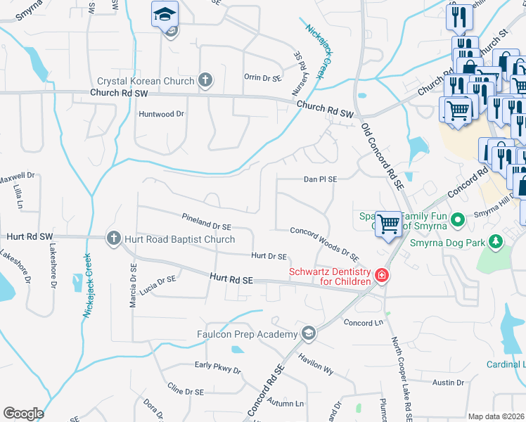 map of restaurants, bars, coffee shops, grocery stores, and more near 174 Ennisbrook Drive Southeast in Smyrna