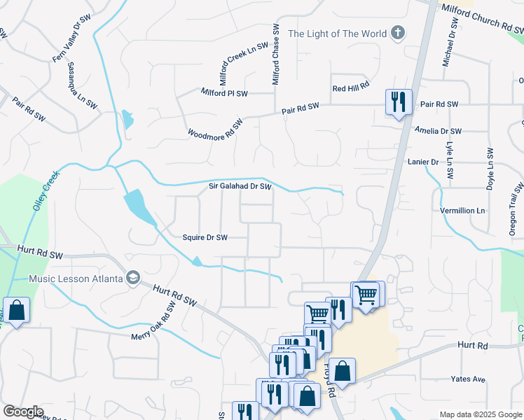 map of restaurants, bars, coffee shops, grocery stores, and more near 1539 Sir Galahad Drive Southwest in Marietta