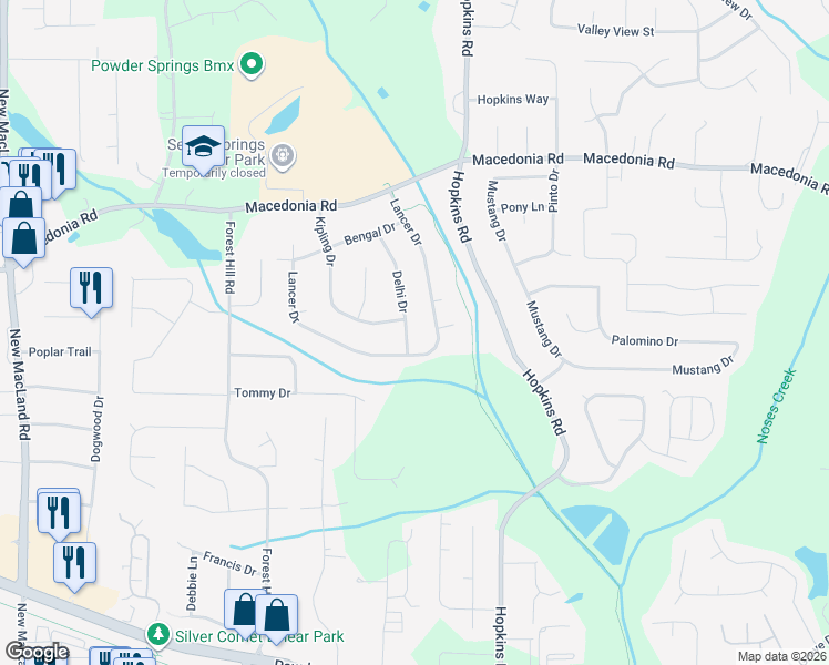 map of restaurants, bars, coffee shops, grocery stores, and more near 3205 Delhi Drive in Powder Springs