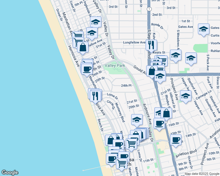 map of restaurants, bars, coffee shops, grocery stores, and more near 2408 Silverstrand Avenue in Hermosa Beach