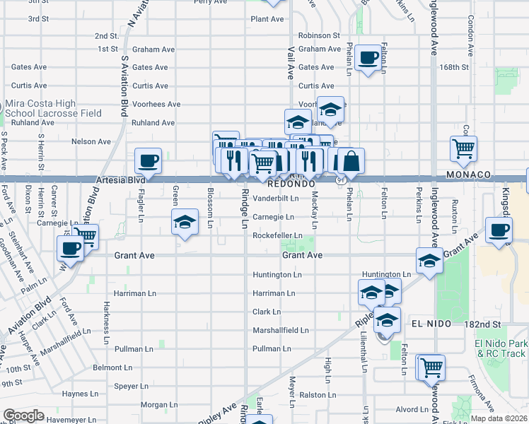 map of restaurants, bars, coffee shops, grocery stores, and more near 2213 Carnegie Lane in Redondo Beach