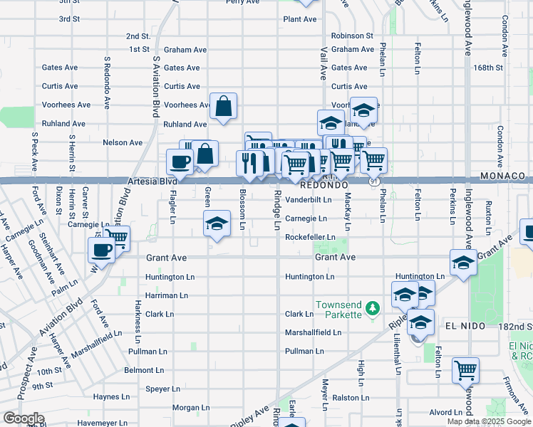 map of restaurants, bars, coffee shops, grocery stores, and more near 2109 Carnegie Lane in Redondo Beach