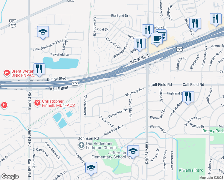 map of restaurants, bars, coffee shops, grocery stores, and more near 4719 Matterhorn Drive in Wichita Falls