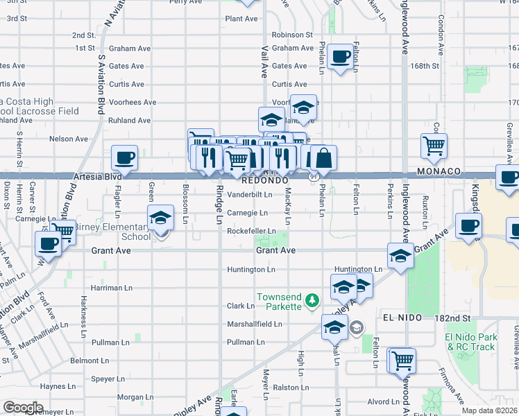 map of restaurants, bars, coffee shops, grocery stores, and more near 2213 Carnegie Lane in Redondo Beach
