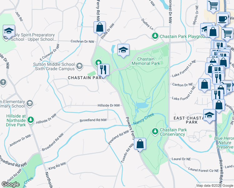 map of restaurants, bars, coffee shops, grocery stores, and more near 215 Chastain Park Trail in Atlanta