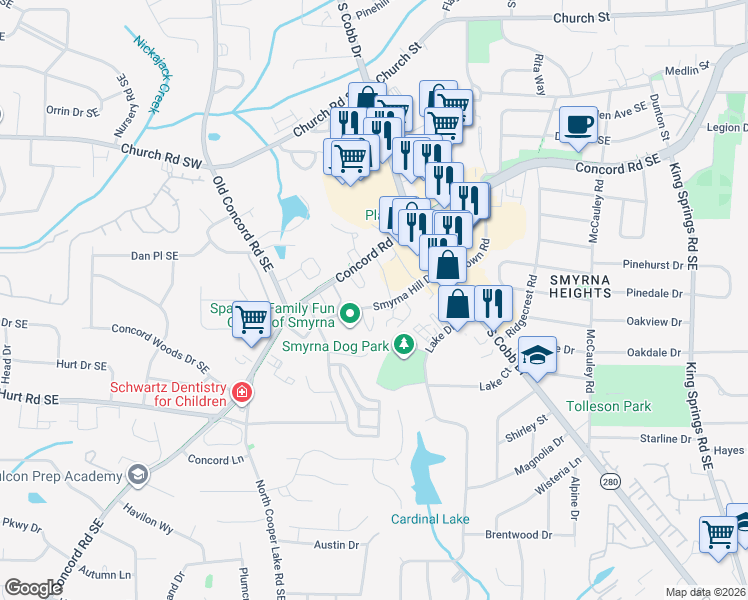 map of restaurants, bars, coffee shops, grocery stores, and more near 641 Smyrna Hill Drive in Smyrna