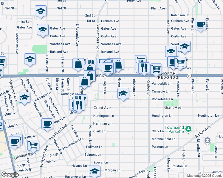 map of restaurants, bars, coffee shops, grocery stores, and more near 1911 Carnegie Lane in Redondo Beach