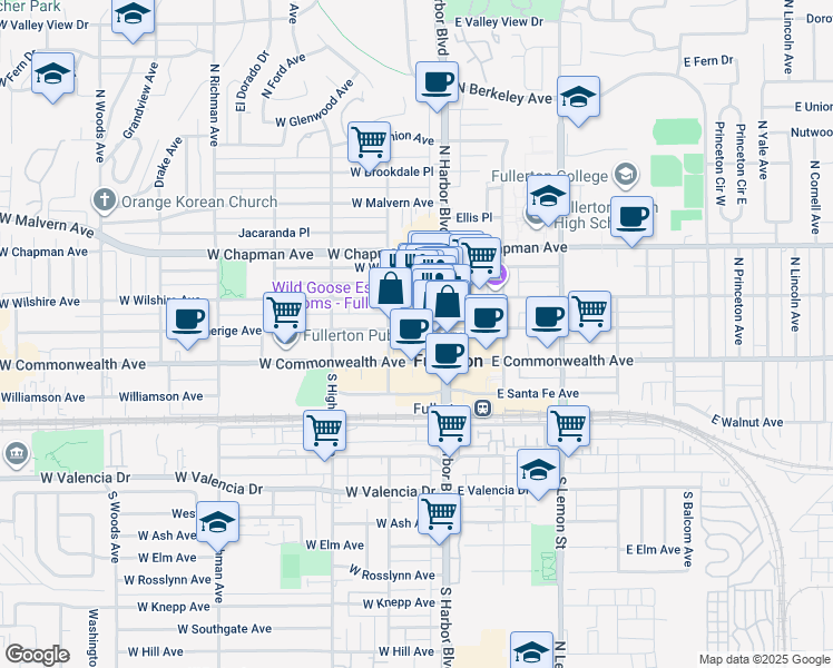map of restaurants, bars, coffee shops, grocery stores, and more near 100 West Amerige Avenue in Fullerton