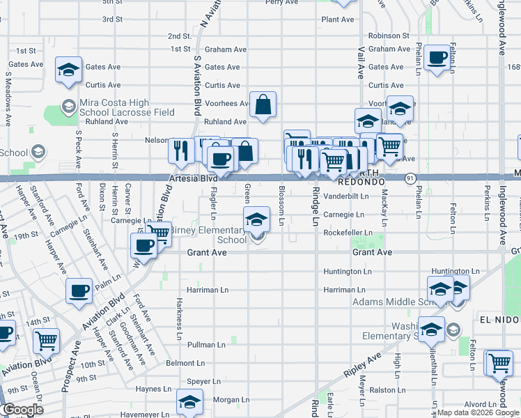 map of restaurants, bars, coffee shops, grocery stores, and more near 2009 Carnegie Lane in Redondo Beach