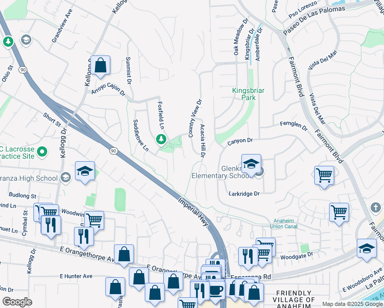 map of restaurants, bars, coffee shops, grocery stores, and more near 6161 Country View Drive in Yorba Linda