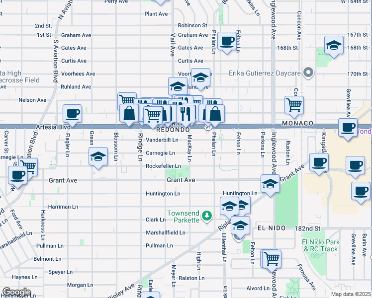 map of restaurants, bars, coffee shops, grocery stores, and more near 2321 Carnegie Lane in Redondo Beach