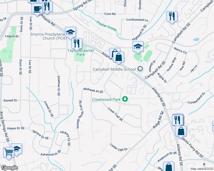 map of restaurants, bars, coffee shops, grocery stores, and more near 1760 Mackinaw Place Southeast in Smyrna