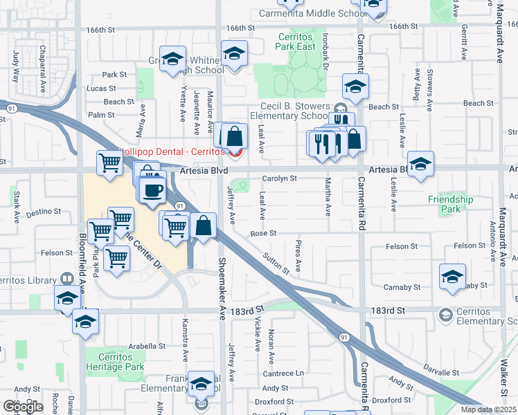 map of restaurants, bars, coffee shops, grocery stores, and more near 17601 Leal Avenue in Cerritos
