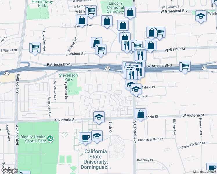 map of restaurants, bars, coffee shops, grocery stores, and more near 17524 Sagebrush Way in Carson