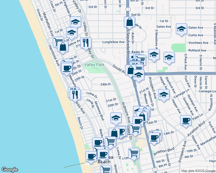 map of restaurants, bars, coffee shops, grocery stores, and more near 537 24th Place in Hermosa Beach