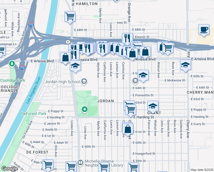 map of restaurants, bars, coffee shops, grocery stores, and more near 6425 Lewis Avenue in Long Beach