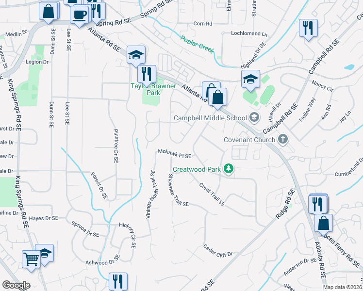 map of restaurants, bars, coffee shops, grocery stores, and more near 3258 Millwood Trail Southeast in Smyrna