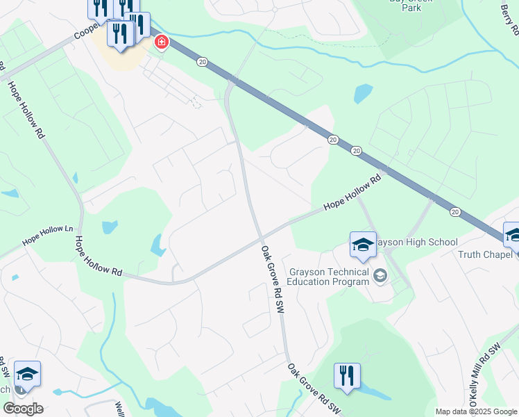 map of restaurants, bars, coffee shops, grocery stores, and more near 3090 Oak Grove Road Southwest in Loganville