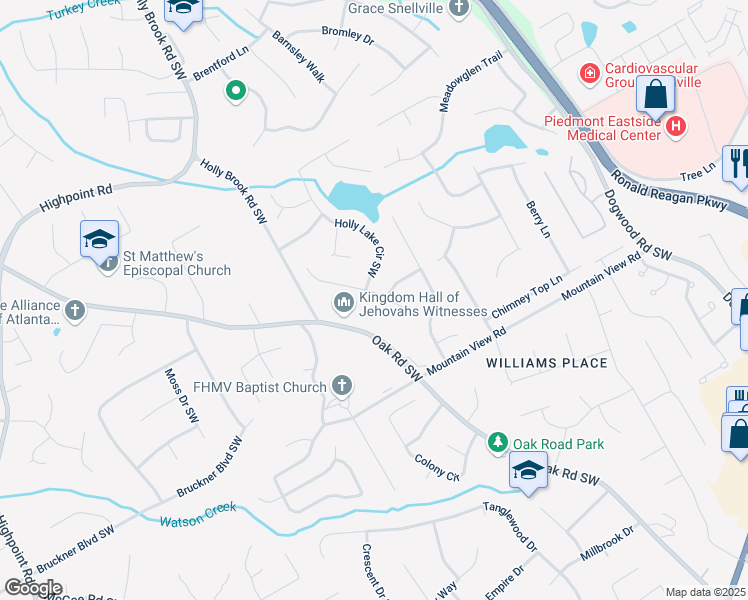 map of restaurants, bars, coffee shops, grocery stores, and more near 1653 Stonegate Way Southwest in Snellville